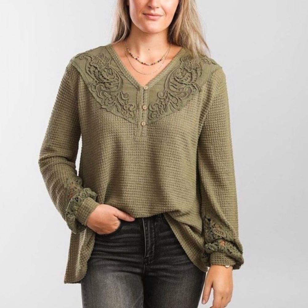 NWT Miss Me Open Weave Waffle Knit Long Sleeve Embroidered Top
